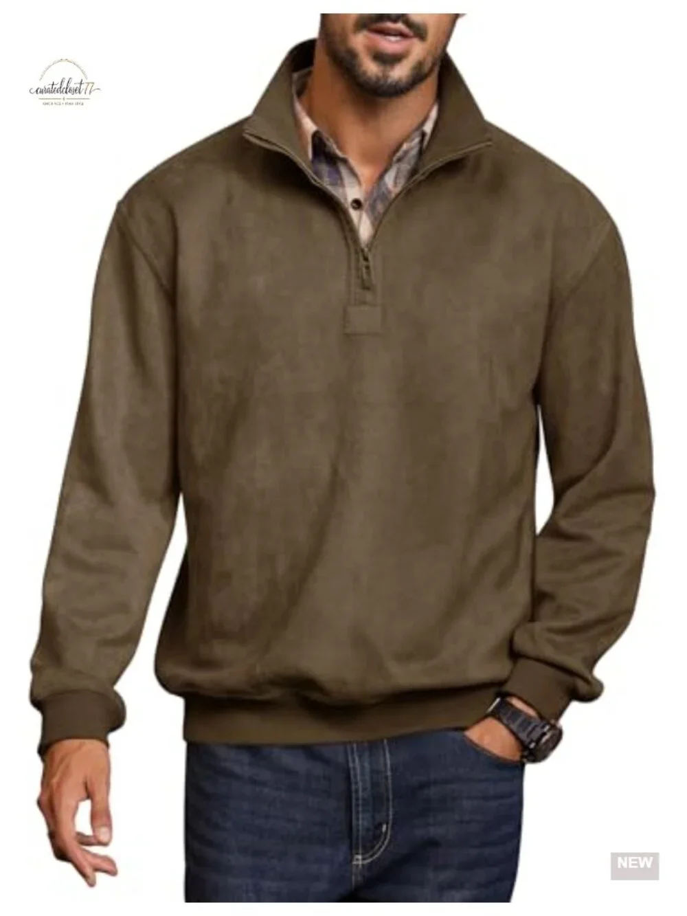 Men's Quarter Zip Pullover Midweight Mock Neck Suede Fabric Casual Sweatshirt